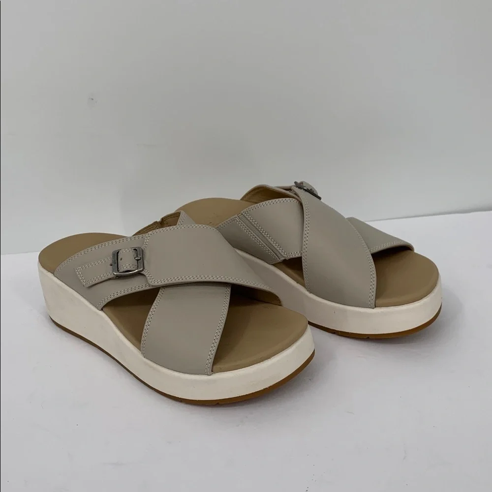 ABEO Solstice Cross wedge flatform slide sandal shoe beige leather tan brown 6.5